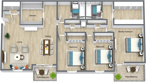 A floor plan of a house with a living room, dining room, kitchen, and multiple bedrooms. at Red Bay Apartment Complex, Jacksonville, FL, 32211